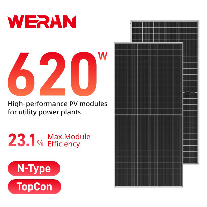 WERAN 595-625W storformat bifacial solpanel – OEM dubbelglas PV-modul för nytto-, EPC- och grossistprojekt